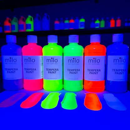 milo Fluorescent Neon Washable Tempera Paint | 16 oz Bottles 6 Colors | Made in the USA | Glows UV in Black Light | Safe & Non-Toxic Paint for Arts & Crafts, Poster, Window, Classroom, School, Project - style: Fluorescent Tempera 6 x 16 oz