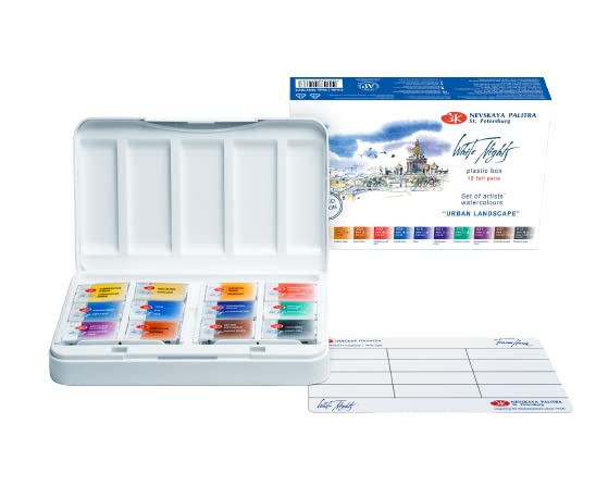 White Nights Watercolor Artists Grade Paint Set Urban, 12 full pans 2.5ml, In Plastic Case by Nevskaya Palitra
