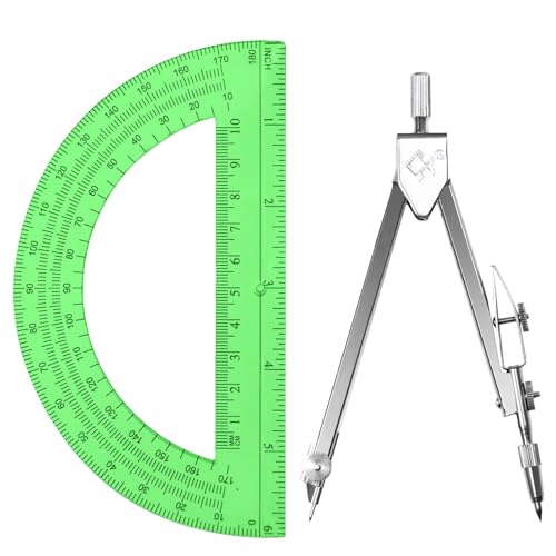 Students Geometry Math Set, Drawing Compass and 6 Inch Transparent Swing arm Protractor 180 Degree Math Protractor (Green) - color: Green
