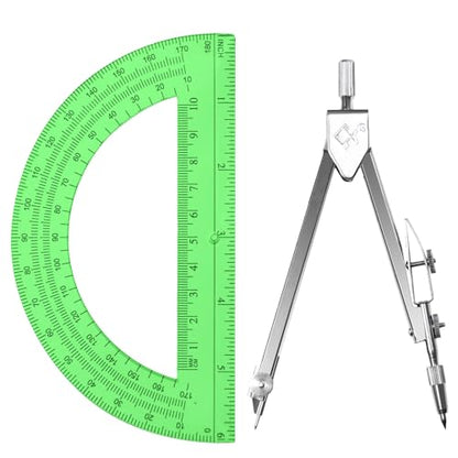 Students Geometry Math Set, Drawing Compass and 6 Inch Transparent Swing arm Protractor 180 Degree Math Protractor (Green) - color: Green