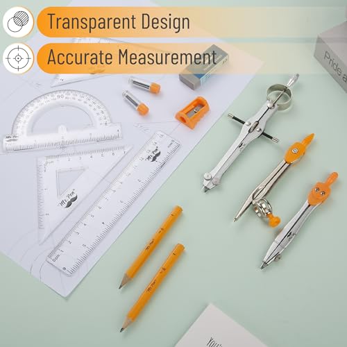 Mr. Pen- Geometry Set, 13 pcs, 3 Metal Compasses, Protractor, 6" Ruler | 45° & 30°/60° Set Squares, Pencils, Lead Refills, Sharpener & Eraser for Math, Drafting & Classroom Use | 45° & 30°/60° Set Squares, Pencils, Lead Refills, Sharpener & Eraser for Mat