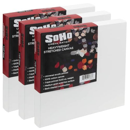 SoHo Urban Artist, 16x16 Heavyweight Stretched Cotton Canvas for Painting - 1.5" Deep- 3 Pack, Triple Primed, 100% Cotton Canvas, Archival, Universal Primed for Oil, Acrylic, Alkyd, Mixed Media - size: 16"x16"