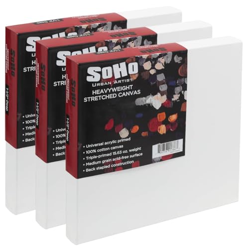 SoHo Urban Artist, 16x16 Heavyweight Stretched Cotton Canvas for Painting - 1.5" Deep- 3 Pack, Triple Primed, 100% Cotton Canvas, Archival, Universal Primed for Oil, Acrylic, Alkyd, Mixed Media - size: 16"x16"