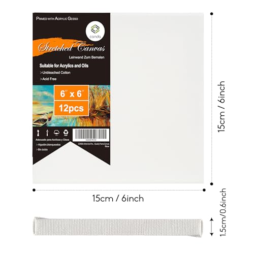 CONDA 6x6 inch Stretched Canvas for Painting, Pack of 12, 100% Cotton, 5/8 Inch Profile Value Bulk Pack for Acrylics, Oils Painting - size: 6x6 inch