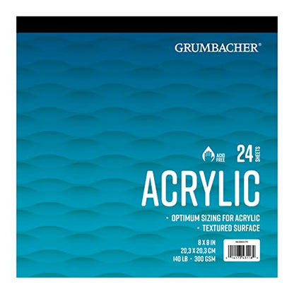 Grumbacher 8" x 8" Acrylic Tape-Bound Paper Pad, 140 lb. / 300 GSM, Tape-Bound, 24 White Sheets/Pad, 1 Each - size: 8 x 8 Inches, Tape Bound, style: 24 Sheets