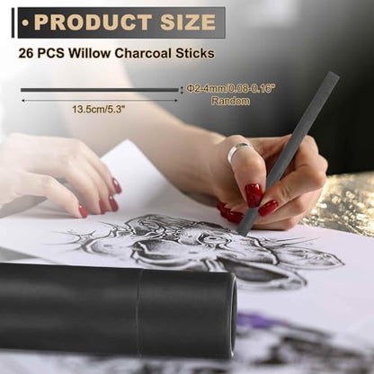 MECCANIXITY 26Pcs Willow Charcoal Sticks, 2-4mm Willow Charcoal Pencils Soft Sketch Vine Art Supplies Set for Drawing Sketching Shading Painting Artists Beginners