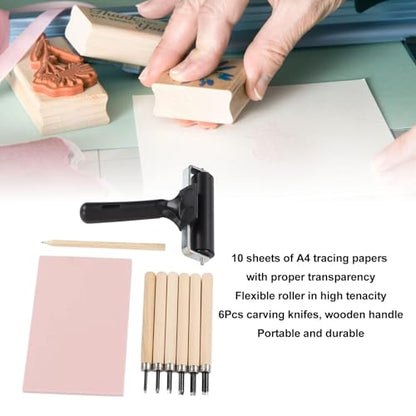 Rubber Stamp Making Kit, Includes 6 Carving Knives, Carving Block, Tracing Papers, A5 Tray, Pencil, Stamp Maker Pads, A4 Tracing Paper, Brayee Roller, Storage Box, Wood Carving