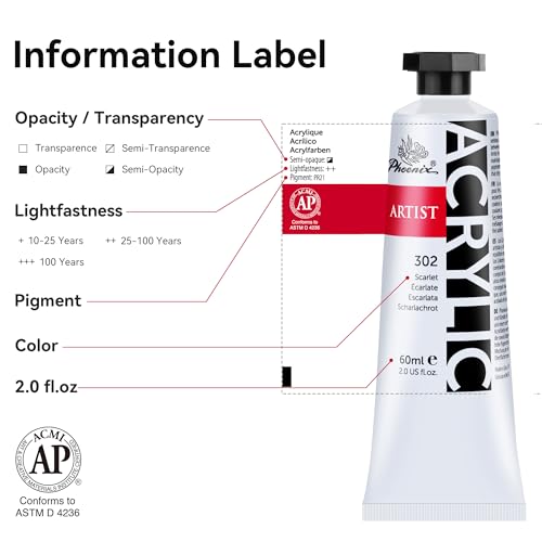 PHOENIX Primay Heavy Body Acrylic Paint, 2 Oz. x 6 Tubes | Slow Drying Speed, Thick Art Paints, For Adults, Artists, Professionals - color: 6 x 2 Fl Oz