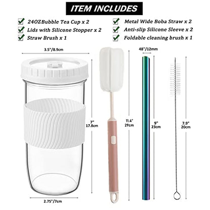 Amyoole 2 Pack Reusable Boba Cup,24Oz Wide Mouth Smoothie Cup,mason Jar Glass Cups with Lids and Straws,Bubble/Boba Tea Cups,Ice Coffee Tumbler 2 colored straws 1 sponge brush(White) - color: White