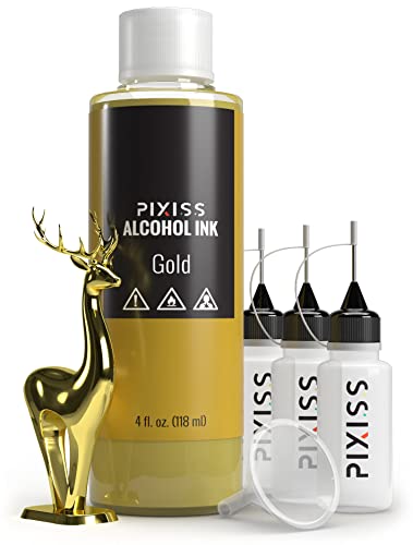 Metallic Gold Pigment Ink for Epoxy Projects – 4-Ounce Liquid Colorant for Tumblers, Ink Art Paper & Crafts, Includes 3 Pixiss Needle-Tip Applicator Bottles and Funnel - color: 4oz Gold