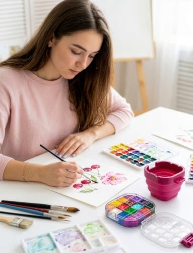 16-Well Airtight Gouache Palette Box with Lid & Foldable Water Cup, Pink | Compact Travel Design, Refillable Paint Storage Suitable for Watercolor & Acrylic - color: Pink