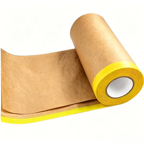 Pre-Taped Masking Paper for Painting,12" x50Feet Adhesive-Backed Tape and Drape Painters Paper Roll,Protective Covering for Car Painting,Auto Detailing,Skirting&Trim Surface Protection - color: Orange