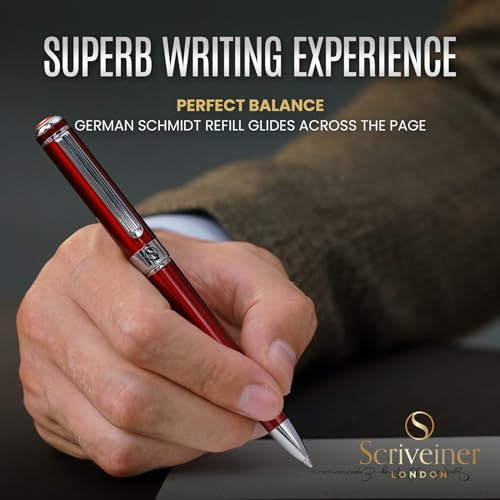Scriveiner Personalized Deep Crimson Red Ballpoint Pen - Stunning Red Lacquer Luxury Pen with Chrome Finish, Schmidt Ink Refill, Engraved Ball Point Gift Set for Men & Women, Custom Engraving - color: 9. Crimson Red with Chrome (Personalized)