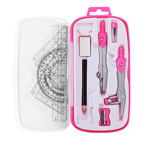 Unjoo Math Geometry Kit Sets 10 Piece Student Supplies with Shatterproof Storage Box,Includes Rulers,Protractor,Compass,Eraser,Pencil Sharpener,Lead Refills,Pencil,for Drafting and Drawings（Pink） - color: Pink