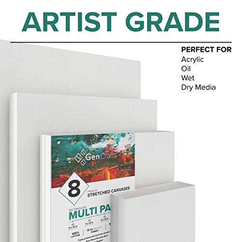 GenCrafts Stretched White Rectangular Canvas Multi Pack - 5x7, 8x10, 9x12, 11x14 (2 of Each) Set of 8 - Triple Primed - 100% Cotton - for Acrylic, Oil, Other Wet or Dry Art Media - Artists Grade