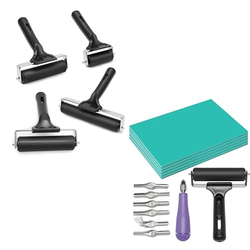 UCEC 4+7 Pack Brayer Rollers for Crafting – Durable Rubber Ink Roller & Linocut Block Printing Kit – Includes 5 Soft 4" x 6" Linoleum Blocks and Lino Cutting Tools with 6 Blades Universal Size, 4’’ Br