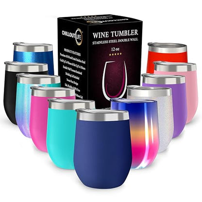 CHILLOUT LIFE 12 oz Stainless Steel Wine Tumbler with Lid - Double Wall Vacuum Insulated Wine Cup Glass Keeping Cold & Hot for Coffee, Champagne, Cocktails, Ice Cream - Powder Coated Navy Blue - color: Navy Blue, style: 1 Pack