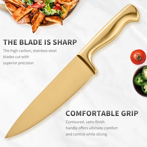 15-Piece Gold Kitchen Knife Block Set with Sharpener, Stainless Steel Knives Set for Kitchen, Chef Gold Kitchen Knife Sets with Scissors, Steak Knives - color: Gold