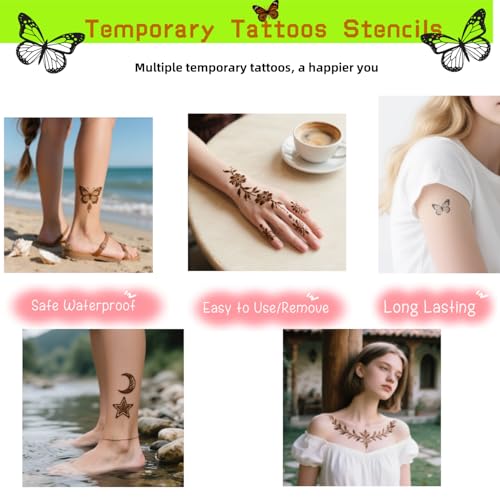 Temporary Tattoo Stencils Kit-Reusable 12 Large Sheets, 78 Unique Designs-6 Tattoo Cones 3 Colors (Brown/Black/Maroon) with Brush & Wipes for Adults, Teens, Beginners,Family Fun Party - color: A-6Pcs