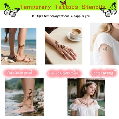 Temporary Tattoo Stencils Kit-Reusable 12 Large Sheets, 78 Unique Designs-6 Tattoo Cones 3 Colors (Brown/Black/Maroon) with Brush & Wipes for Adults, Teens, Beginners,Family Fun Party - color: A-6Pcs