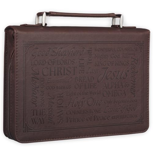 Christian Art Gifts Classic Premium Vegan Leather Inspirational Bible Cover for Men & Women: Names of Jesus, Encouraging Heat-Debossed Scripture, Sturdy Carry Case, Pen Loops, Pockets, Brown, XL - size: Extra Large