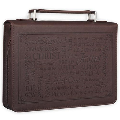 Christian Art Gifts Classic Premium Vegan Leather Inspirational Bible Cover for Men & Women: Names of Jesus, Encouraging Heat-Debossed Scripture, Sturdy Carry Case, Pen Loops, Pockets, Brown, XL - size: Extra Large