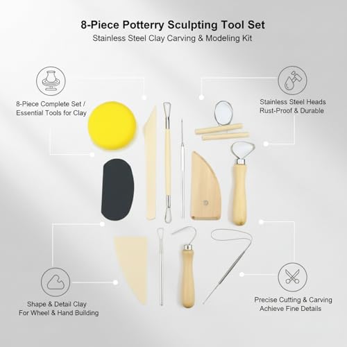 8-Piece Stainless Steel Pottery Sculpting Tool Set for Clay Carving, Modeling, and Wheel Throwing - Yellow Handle Kit