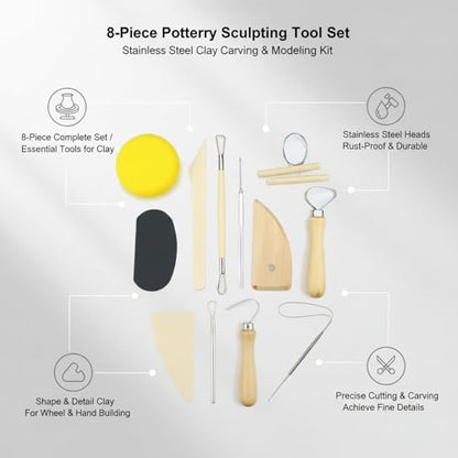 8-Piece Stainless Steel Pottery Sculpting Tool Set for Clay Carving, Modeling, and Wheel Throwing - Yellow Handle Kit