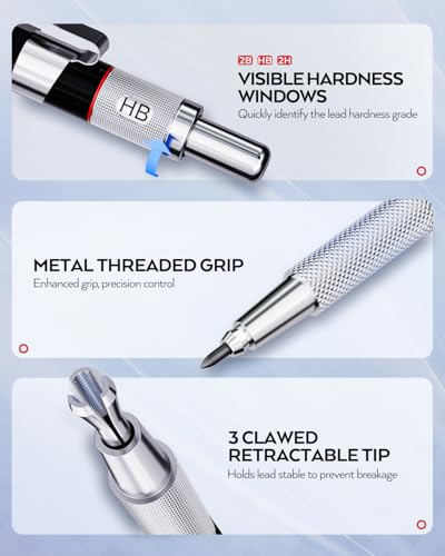 Nicpro 6PCS Art Mechanical Pencil Set, 3PCS Metal Drafting Pencil 0.5 mm & 0.7 mm & 0.9 mm & 3PCS 2mm Graphite Lead Holder (2B HB 2H) For Writing, Sketching Drawing With Lead Refills Case - color: Silver