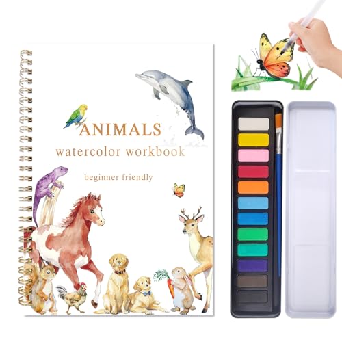 Animals Watercolor Workbook, Watercolor Painting Book Kit | Includes 12 Paintings, Spiral Bound, 12-Color Paint Set With 1 Brush, Beginner-Friendly, Relaxing Art Kit For Adults Gift - color: B-Animals with 12 paints