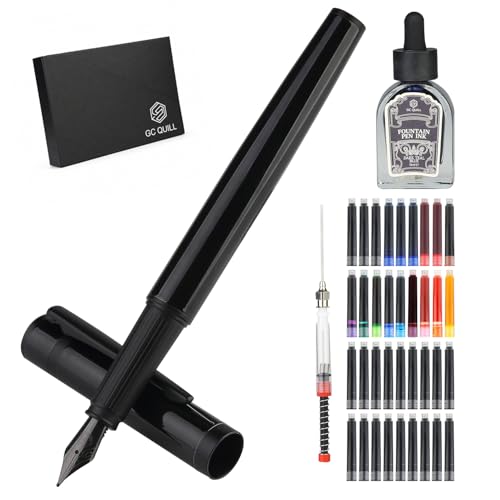 Fountain Pen Set, Elegant Executive Fine Nib Pen with Ink Converter, Refill Tool, Black & Assorted Cartridges, Bottled Ink, Gift for Journaling, Writing, Office and Beginners (All Black) - color: All Black