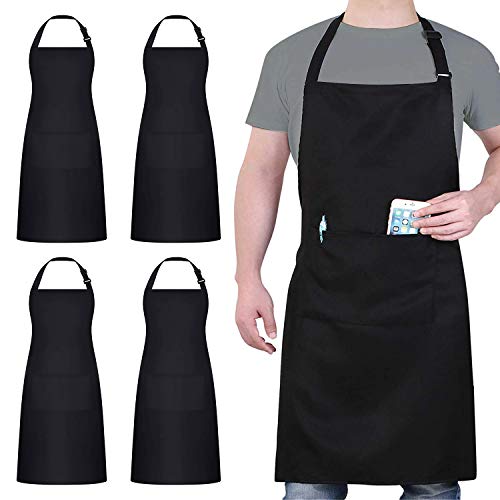 4 Packs Chef Apron, Black Waterproof Apron, Adjustable Aprons with 2 Pockets for Men Women, Professional Aprons for Kitchen Cooking Gardening Painting Baking Restaurant (Black) - color: Black