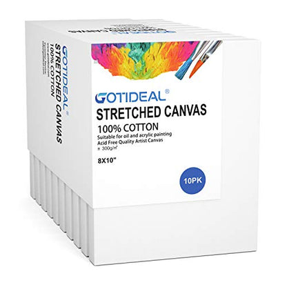 GOTIDEAL Stretched Canvas, 8x10 Inch Set of 10, Primed White - 100% Cotton Artist Canvas Boards for Painting, Acrylic Pouring, Oil Paint Dry & Wet Art Media - color: White, size: 8"x10"