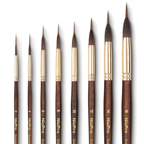 Nicpro 8 PCS Professional Watercolor Brushes, Extended Needle Point Brush Set, Sable Watercolor Brushes with Synthetic Extra Long Tip for Fine Detailing - Watercolor Acrylic Gouache Inks Painting - size: 8 PCS