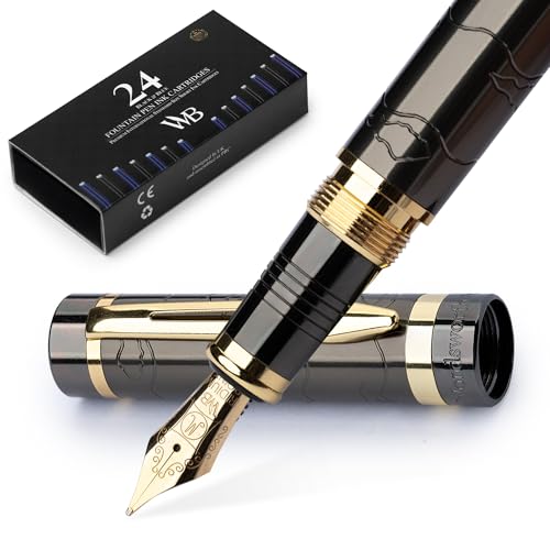 Wordsworth & Black Primori Fountain Pen Set [Gunmetal Gold]; Medium Nib, Gift Case, 24 Ink Cartridges, Refill Converter, Manual; Journaling, Calligraphy, Smooth Writing Pens; Left and Right Handed | Gunmetal Gold, Gift for Men & Women, Metal Body, 18K Ger
