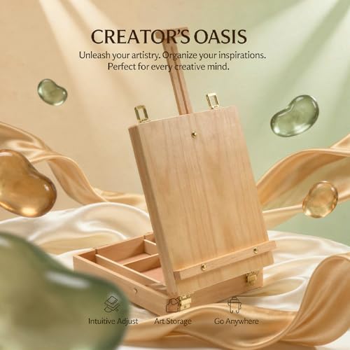 Tabletop Easel with Storage Drawer, Adjustable Wooden Desktop Sketch Box for Painting and Drawing, Art Display Stand for Canvas, Portable Studio Workstation for Artists and Students