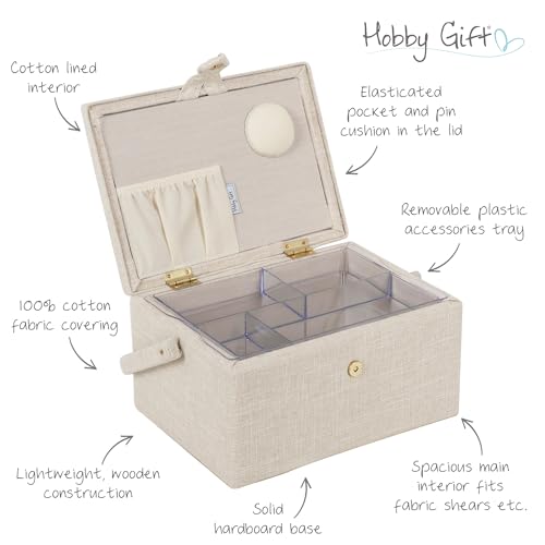 Hobby Gift Medium Sewing Box Organiser, Fabric Covered Storage Box with Handle, Internal Tray, Pin Cushion and Pocket for Sewing, Quilting and Knitting Supplies - color: Embroidered Eucalyptus