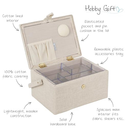 Hobby Gift Medium Sewing Box Organiser, Fabric Covered Storage Box with Handle, Internal Tray, Pin Cushion and Pocket for Sewing, Quilting and Knitting Supplies - color: Embroidered Eucalyptus