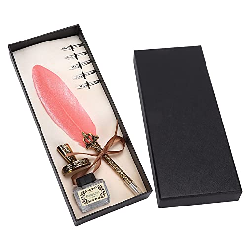 Quill Pen and Empty Ink Bottle Set, Feather Pen and Empty Ink Bottle Set with Stainless Steel Nib & Stand, Vintage Style Calligraphy Pen Set Stem Writing Quill Pen with NoInk for Writing (Pink) - color: Pink