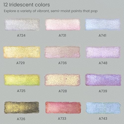 ARTEZA Metallic Watercolor Paint Set – 12 Iridescent Half Pans, Compact Travel Palette with Brush for Painting, Journaling & Mixed Media - style: Iridescent, Set of 12