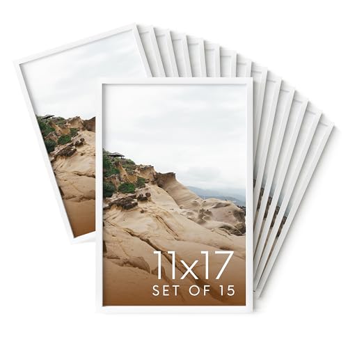 HAUS AND HUES 11x17 White Metal Picture Frames - Features Premium Aluminum, Vertical & Horizontal Hang, Shatterproof Plexiglass - Perfect for Home, Room, Office (11x17 in, White, Set of 15) - color: White Metal, size: 11x17 in, style: Set of 15