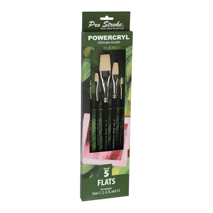 Creative Mark Pro-Stroke Powercryl Acrylic Paint Brushes - Flats Value Set of 5, Synthetic Paint Brushes for Artists, Seamless Nickel-Plated Ferrules, Matte Black Wooden Handle, Soft-Touch Grip