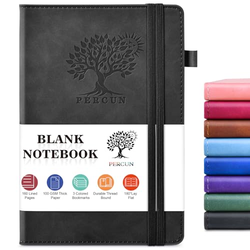 PERCUN Blank Journal Notebook, A5 Hardcover Sketchbook, 140 Pages 5.9"×8.5" | Leather Unlined Notebook for Drawing & Writing, Travel Diary, Art Journal for Men Women, School & Work - color: Black, size: Blank Page