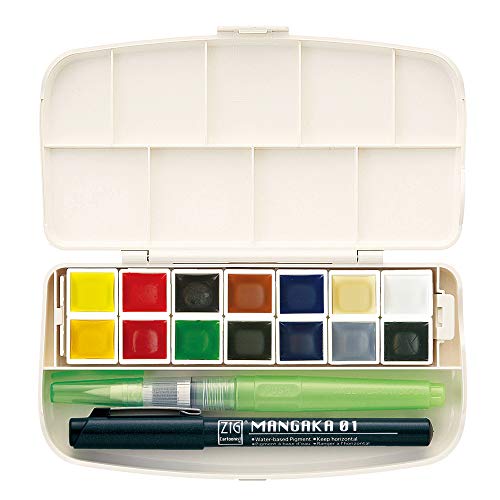 Kuretake GANSAI TAMBI Portable 14 Colors set, Watercolor Paint Set, Travel kit with Brush, Palette, for Professional, Artists, Crafters, Urban Sketch, Outdoor Sketch, Made in Japan