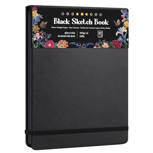 50 Sheets Black Paper Sketchbook 9×12in, 98lb/160gsm Heavyweight Black Sketch Pad, Acid-Free Drawing Paper, Spiral Bound Sketch Book for Kids, Teens, Artist - size: 9×12 Inch (1 Pack)