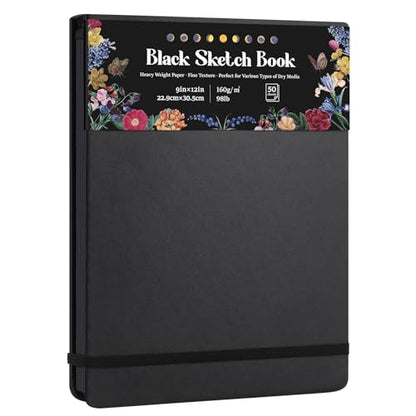 50 Sheets Black Paper Sketchbook 9×12in, 98lb/160gsm Heavyweight Black Sketch Pad, Acid-Free Drawing Paper, Spiral Bound Sketch Book for Kids, Teens, Artist - size: 9×12 Inch (1 Pack)