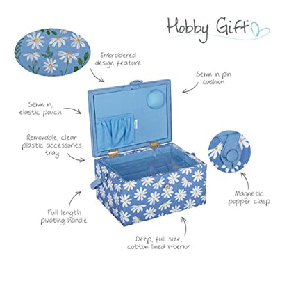 Hobby Gift Medium Sewing Box Organiser, Fabric Covered Storage Box with Handle, Internal Tray, Pin Cushion and Pocket for Sewing, Quilting and Knitting Supplies - color: Denin Daisies