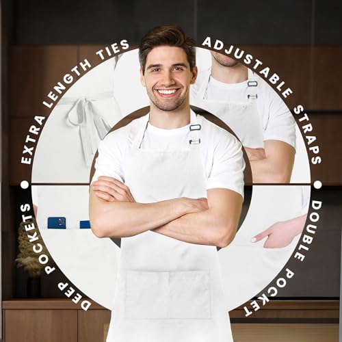 Adjustable Bib Apron 100% Polyester Kitchen Aprons Waterdrop Resistant Aprons with Adjustable Strap, Pockets & Long Ties - color: White, style: Pack of 2