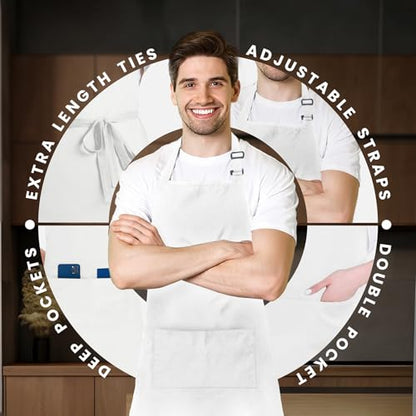 Adjustable Bib Apron 100% Polyester Kitchen Aprons Waterdrop Resistant Aprons with Adjustable Strap, Pockets & Long Ties - color: White, style: Pack of 12