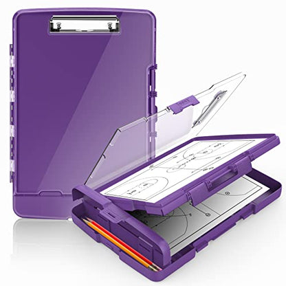 Sooez Original Clipboard with 2 Storage & Pen Holder, Heavy Duty Clip Boards 8.5x11 with Dual Storage, Clearview Dry Erase Coach Clipboard with Real Hinge, High Capacity, School & Office Supplies - color: Purple